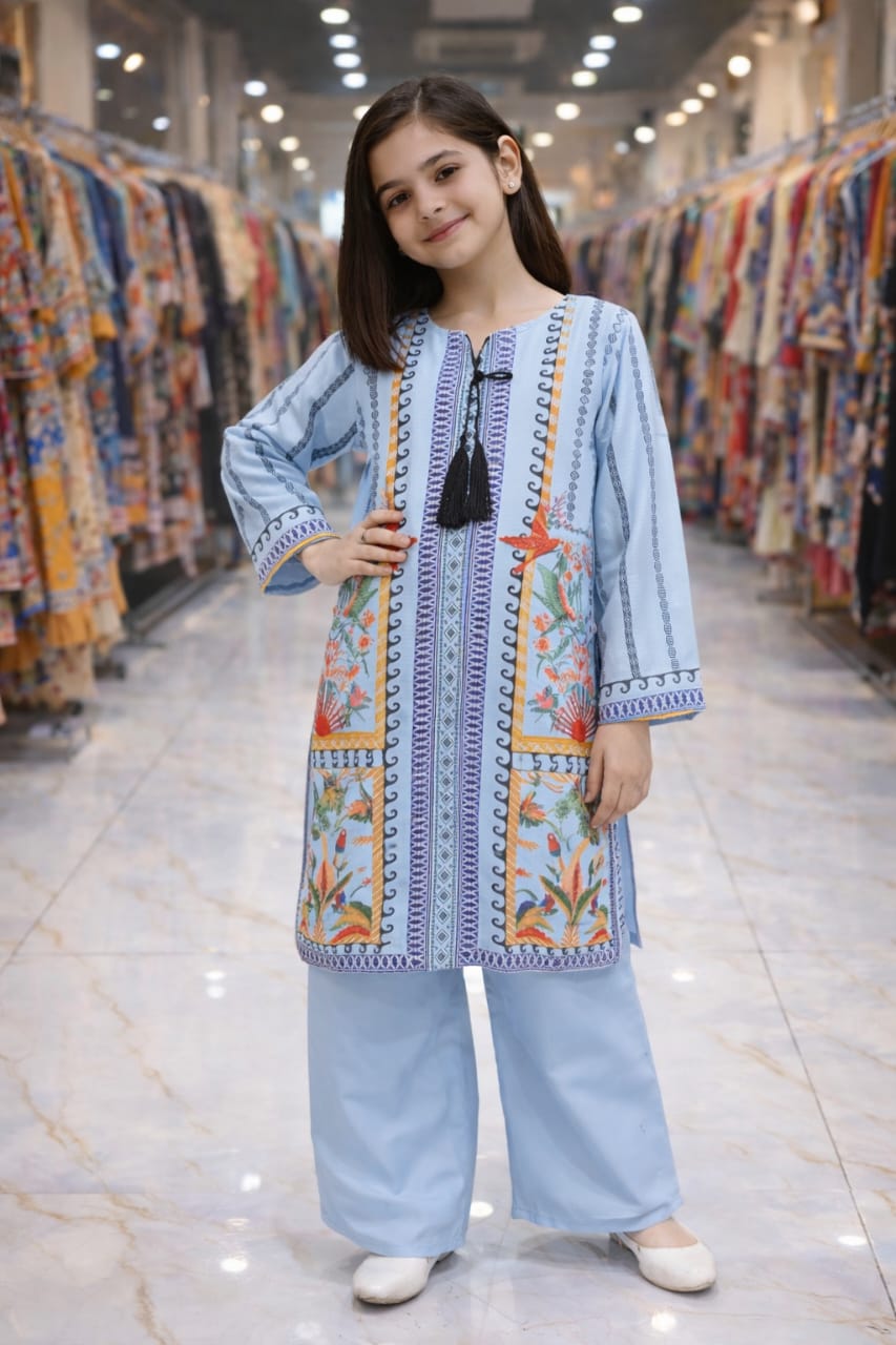 Sky Garden Girls Kurta Palazzo Set — Sky Blue Tropical Parrot Print with Tassel Tie