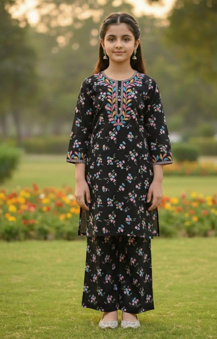 Elegant Blossom Girls Kurta & Palazzo Set ā Cream Floral Edition
