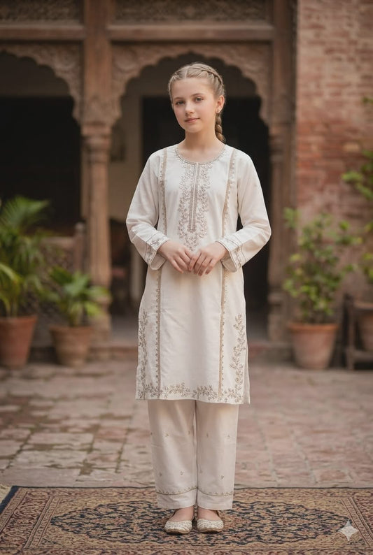 Pearl Whisper Girls' Embroidered Kurta Set | Ivory Cotton Ethnic Wear | Pakistani Traditional Suit with Wide-Leg Pants