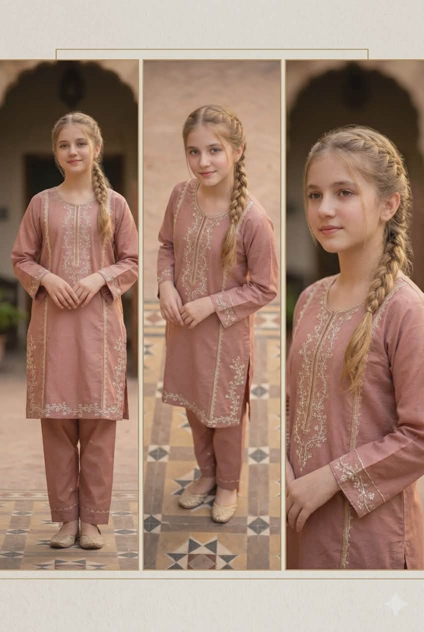 Rose Bloom Girls Embroidered Kurta Set — Traditional Pakistani Shalwar Kameez for Kids
