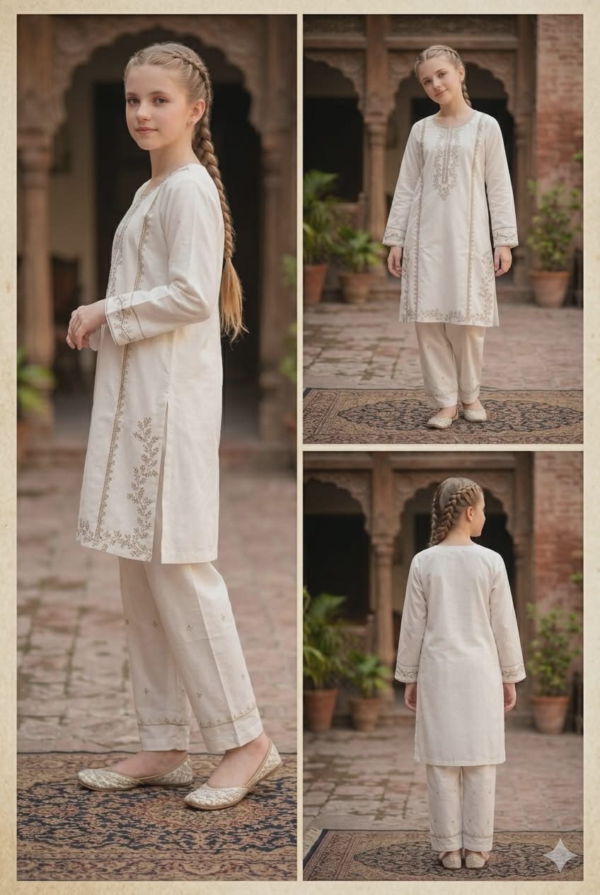 Pearl Whisper Girls' Embroidered Kurta Set | Ivory Cotton Ethnic Wear | Pakistani Traditional Suit with Wide-Leg Pants