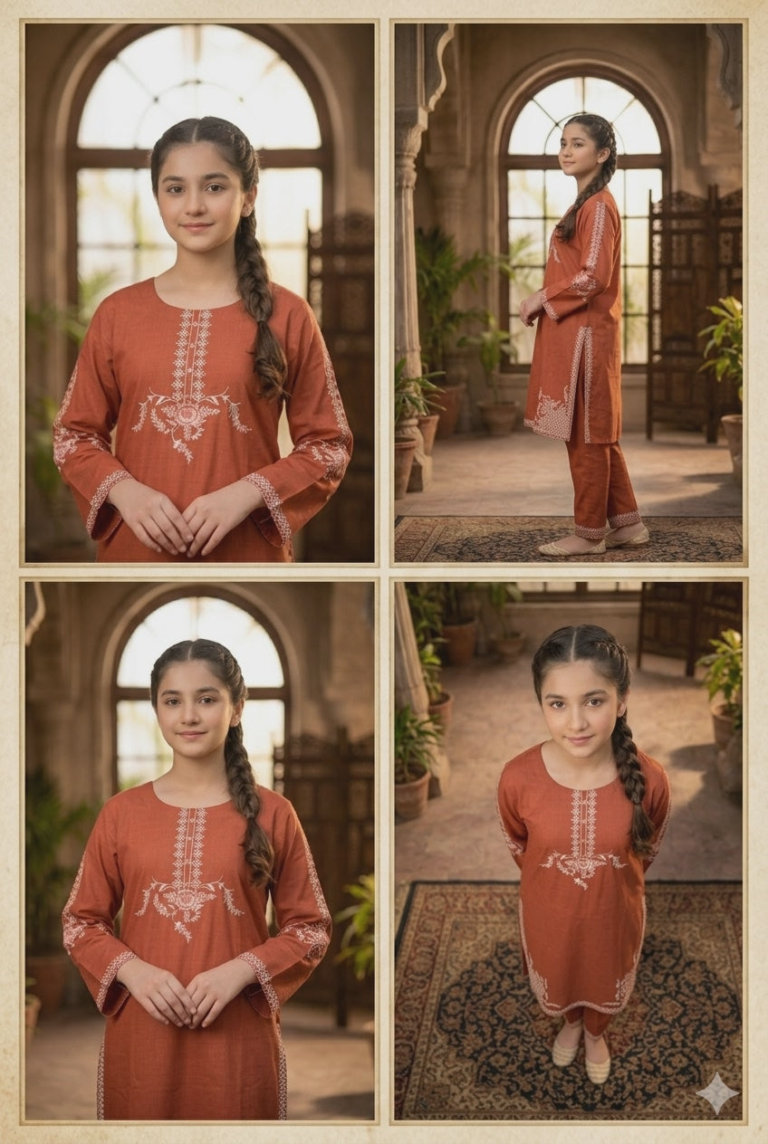 Ember Harvest Girls Embroidered Kurta Shalwar Set — Terracotta Pakistani Kids Ethnic Wear