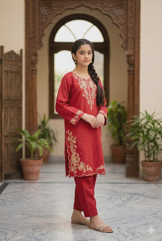Crimson Bloom Girls' Embroidered Kurta Set | Red Cotton Suit with Straight Pants