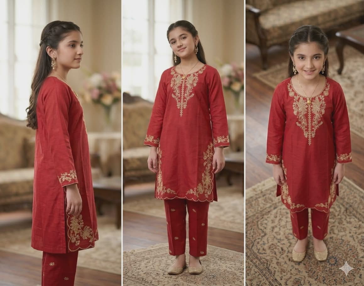 Crimson Bloom Girls' Embroidered Kurta Set | Red Cotton Suit with Straight Pants