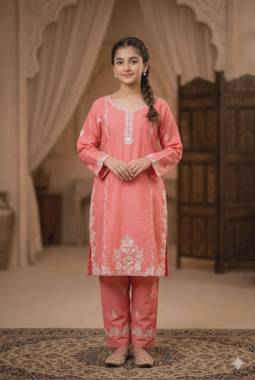 Elira Rosé Noor – Signature Kids Festive Set | Coral Pink Embroidered Girls Outfit Pakistan