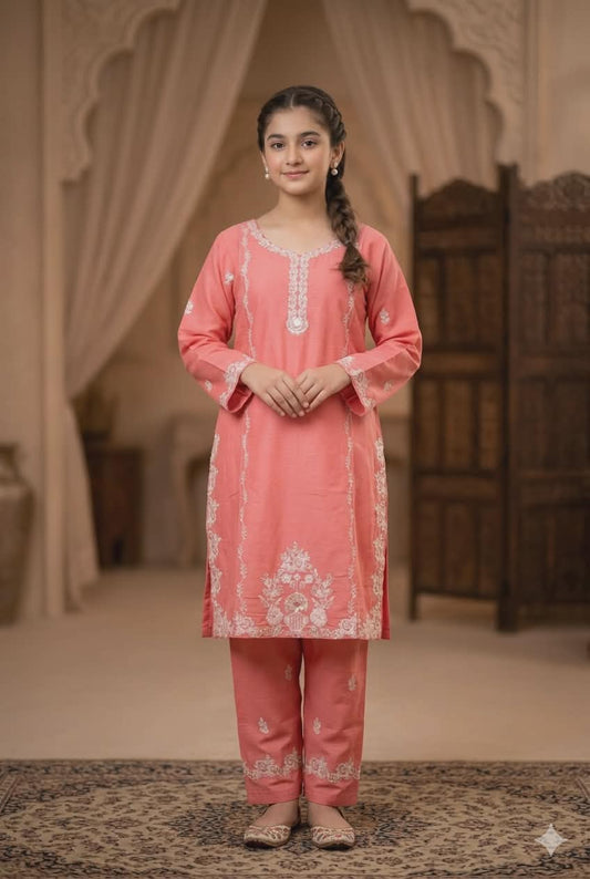 Elira Rosé Noor – Signature Kids Festive Set | Coral Pink Embroidered Girls Outfit Pakistan
