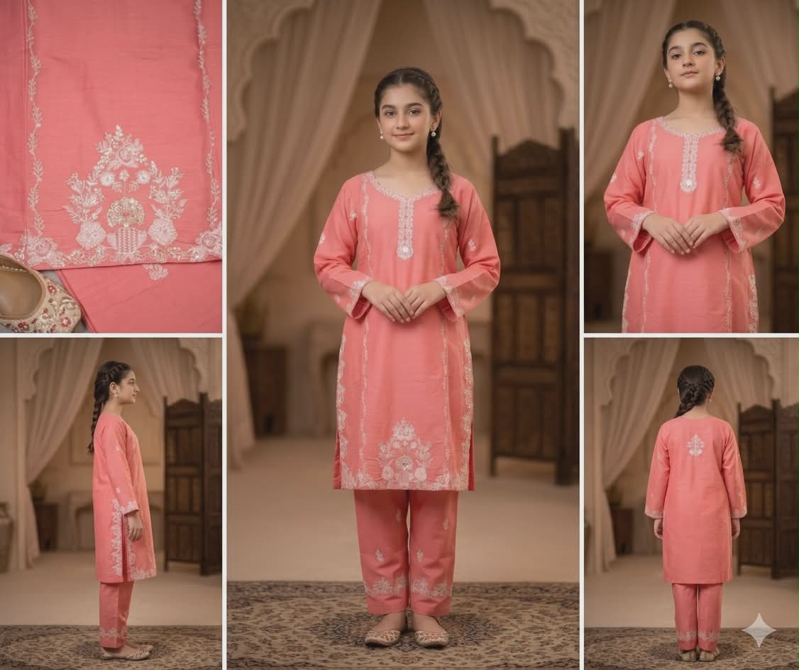 Elira Rosé Noor – Signature Kids Festive Set | Coral Pink Embroidered Girls Outfit Pakistan