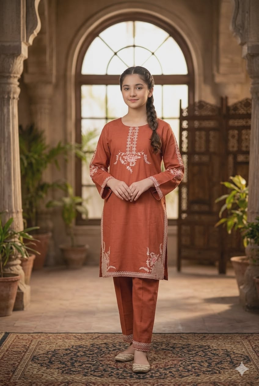 Ember Harvest Girls Embroidered Kurta Shalwar Set — Terracotta Pakistani Kids Ethnic Wear