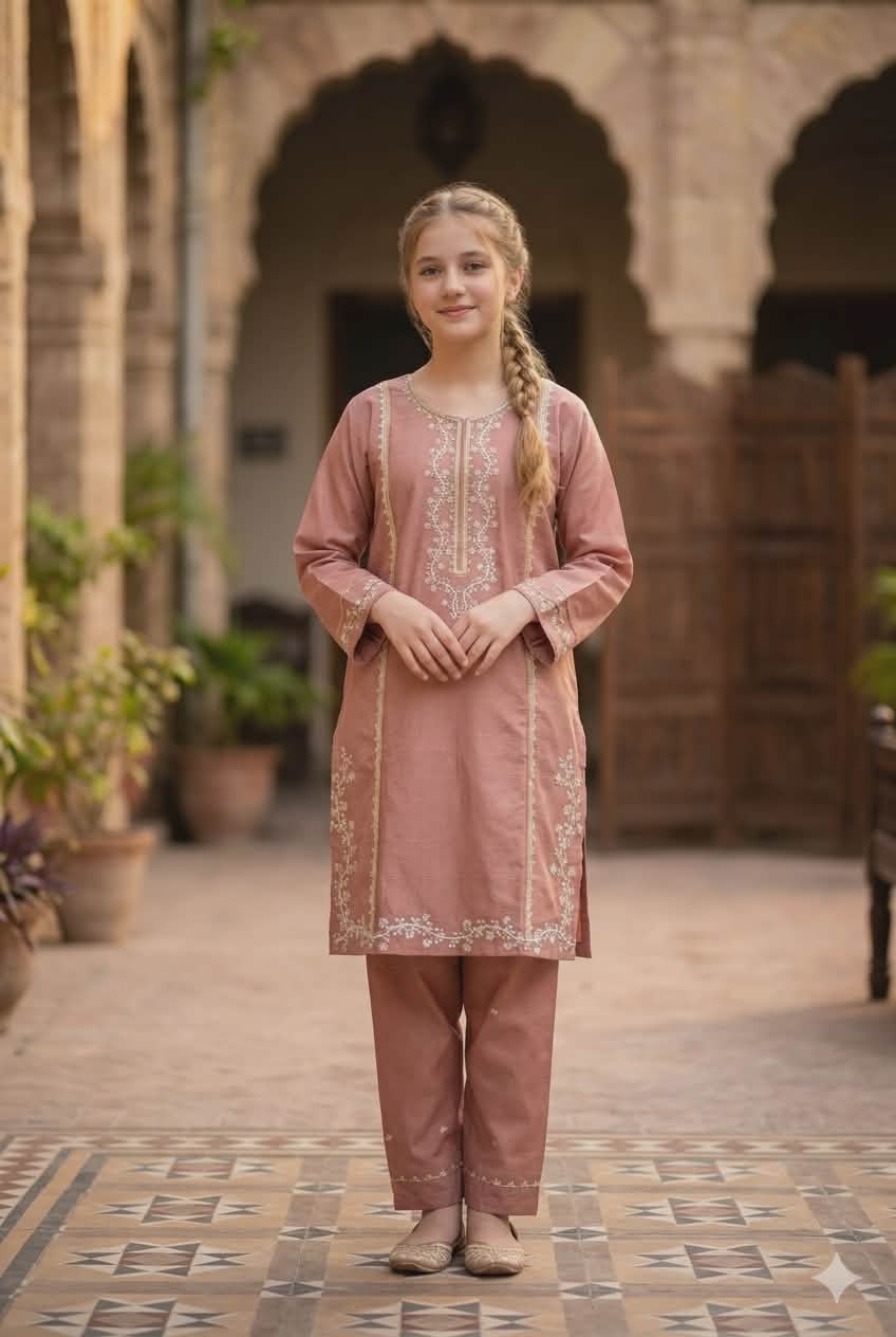Rose Bloom Girls Embroidered Kurta Set — Traditional Pakistani Shalwar Kameez for Kids
