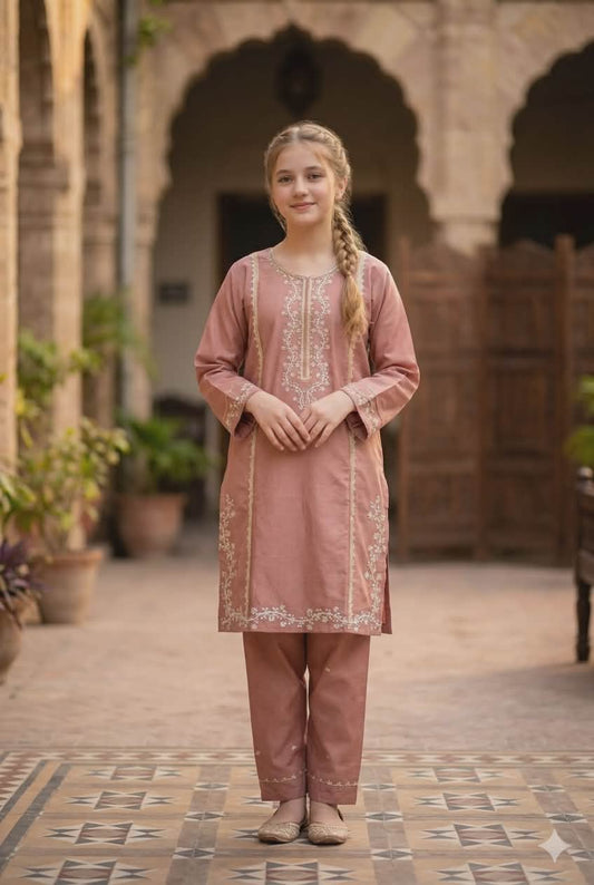 Rose Bloom Girls Embroidered Kurta Set — Traditional Pakistani Shalwar Kameez for Kids