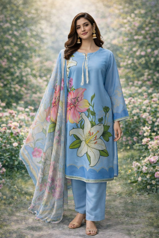 Azure Bloom Luxe 3 Piece Digital Printed Lawn Suit – Soft Floral Summer Edit