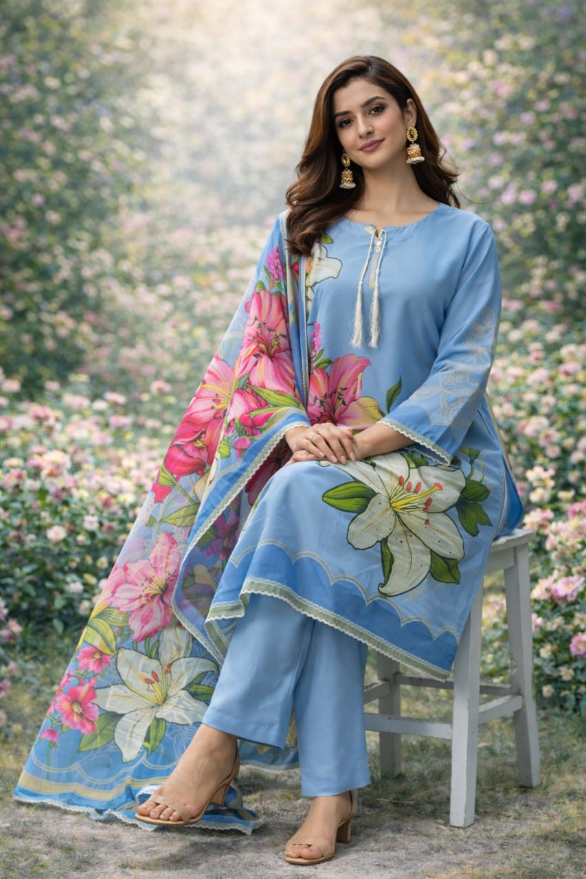 Azure Bloom Luxe 3 Piece Digital Printed Lawn Suit – Soft Floral Summer Edit