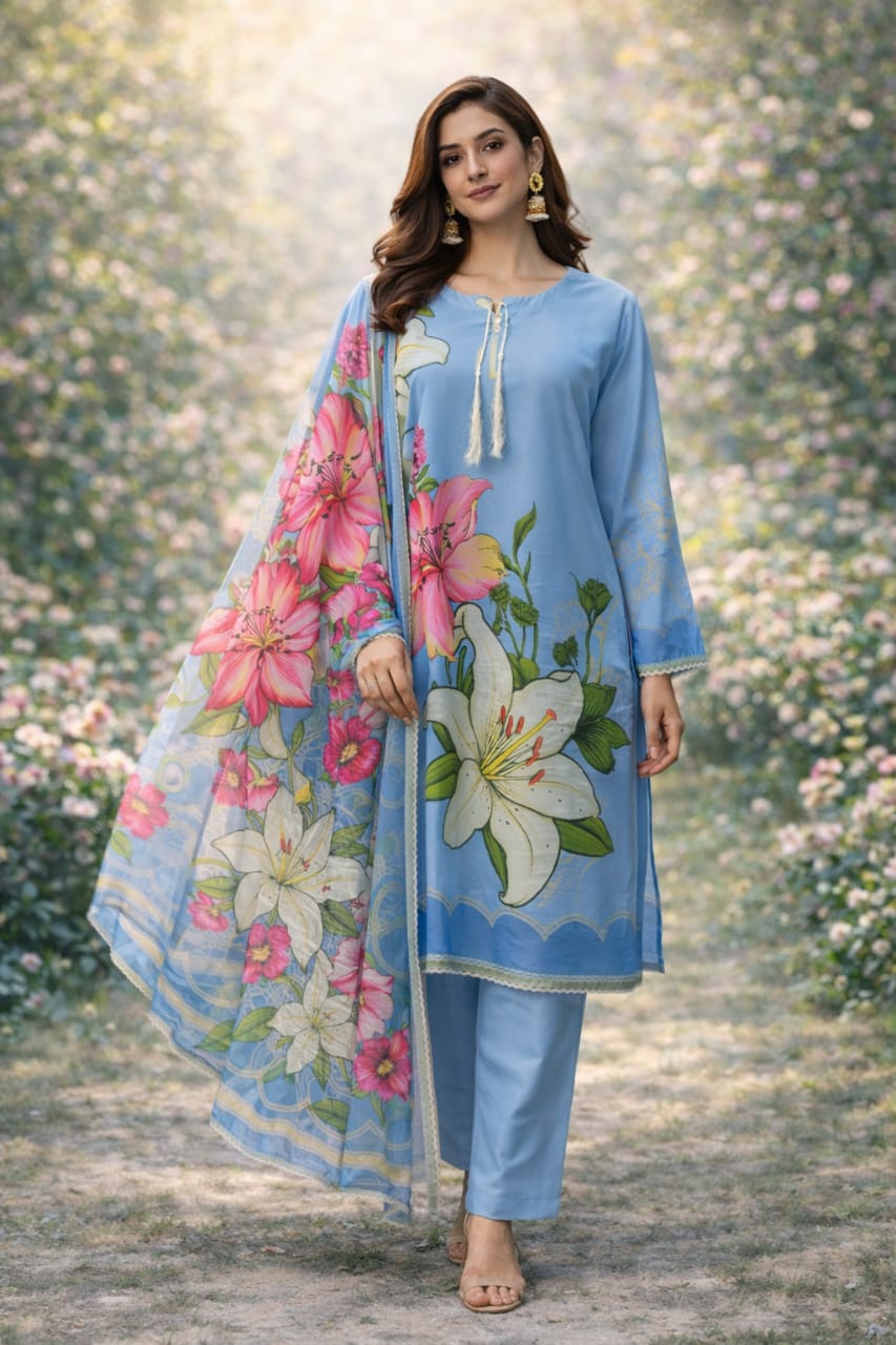 Azure Bloom Luxe 3 Piece Digital Printed Lawn Suit – Soft Floral Summer Edit