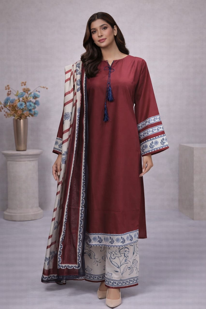 Maroon Elegance Digital Printed 3 Piece Lawn Suit for Women – Premium Summer Collection