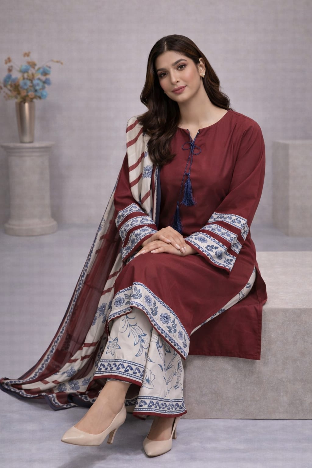 Maroon Elegance Digital Printed 3 Piece Lawn Suit for Women – Premium Summer Collection