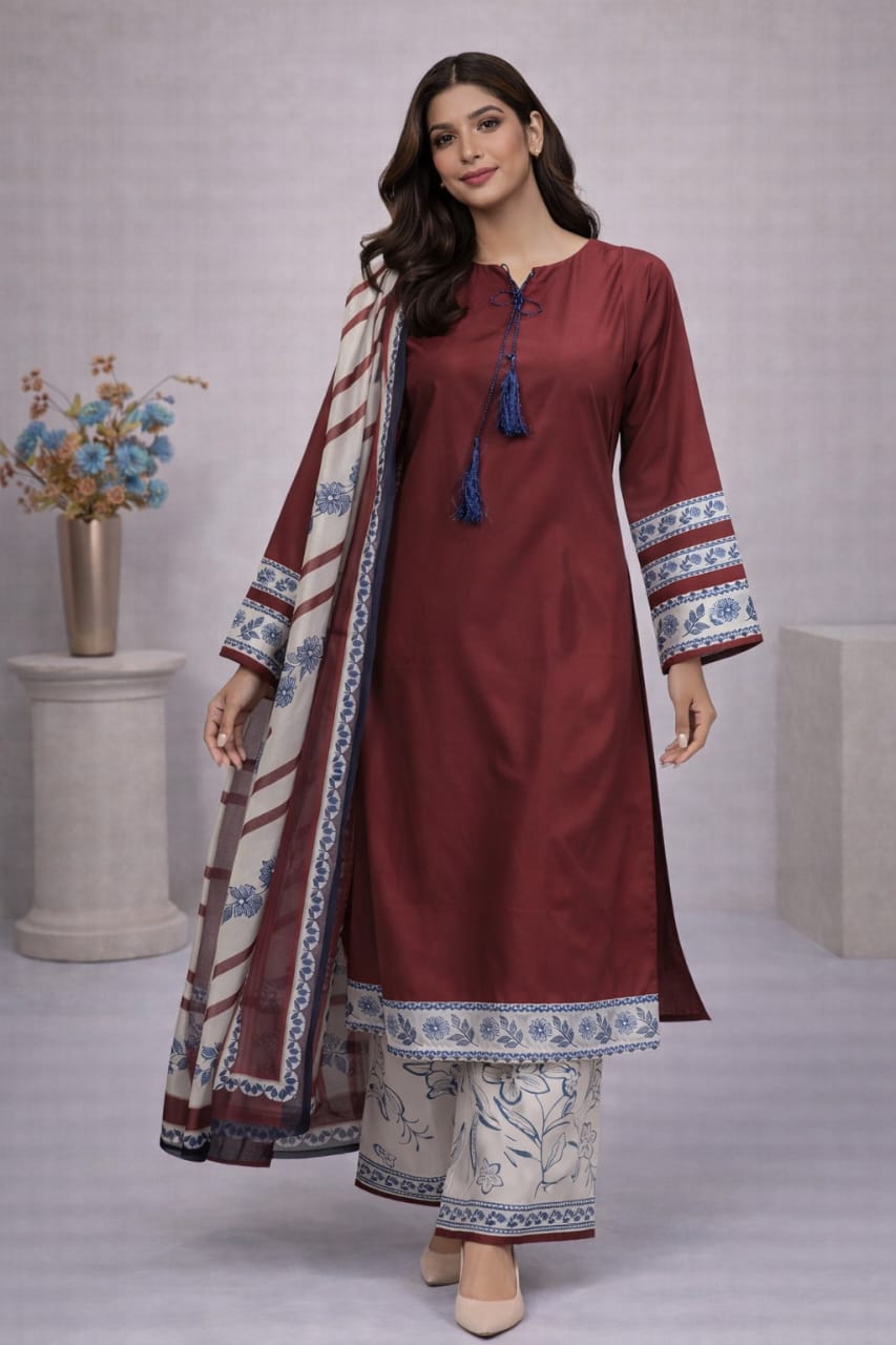 Maroon Elegance Digital Printed 3 Piece Lawn Suit for Women – Premium Summer Collection