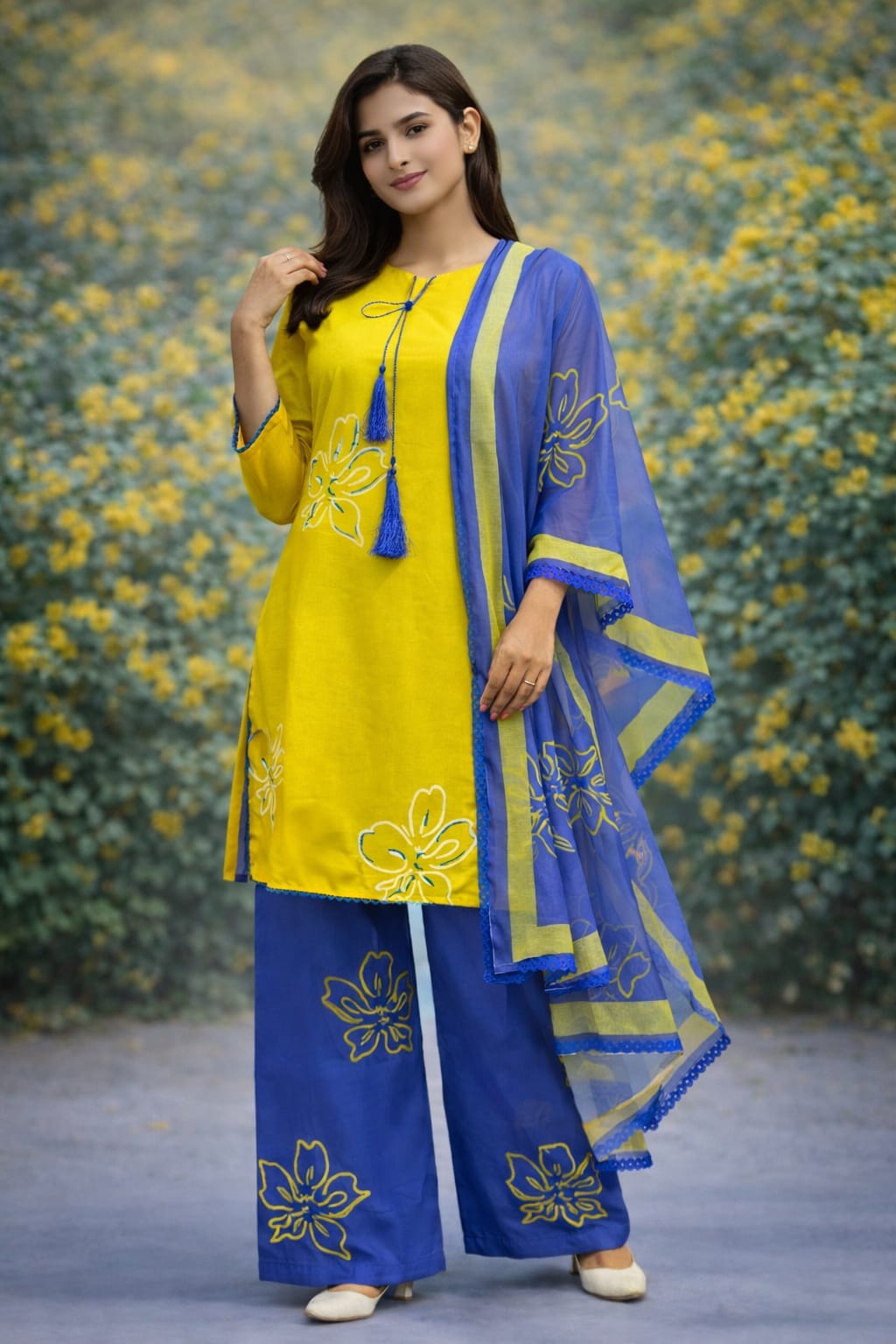 Zehra Bloom Contrast Lawn 3PC Set – Sunshine Yellow & Royal Blue