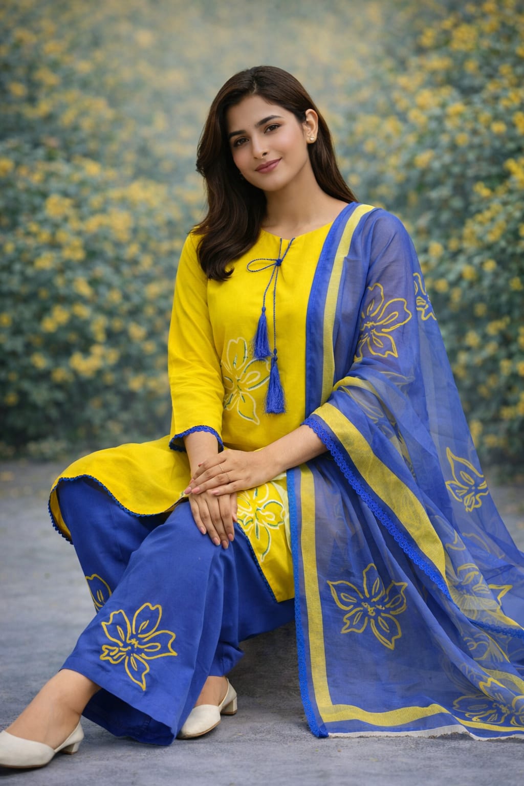 Zehra Bloom Contrast Lawn 3PC Set – Sunshine Yellow & Royal Blue