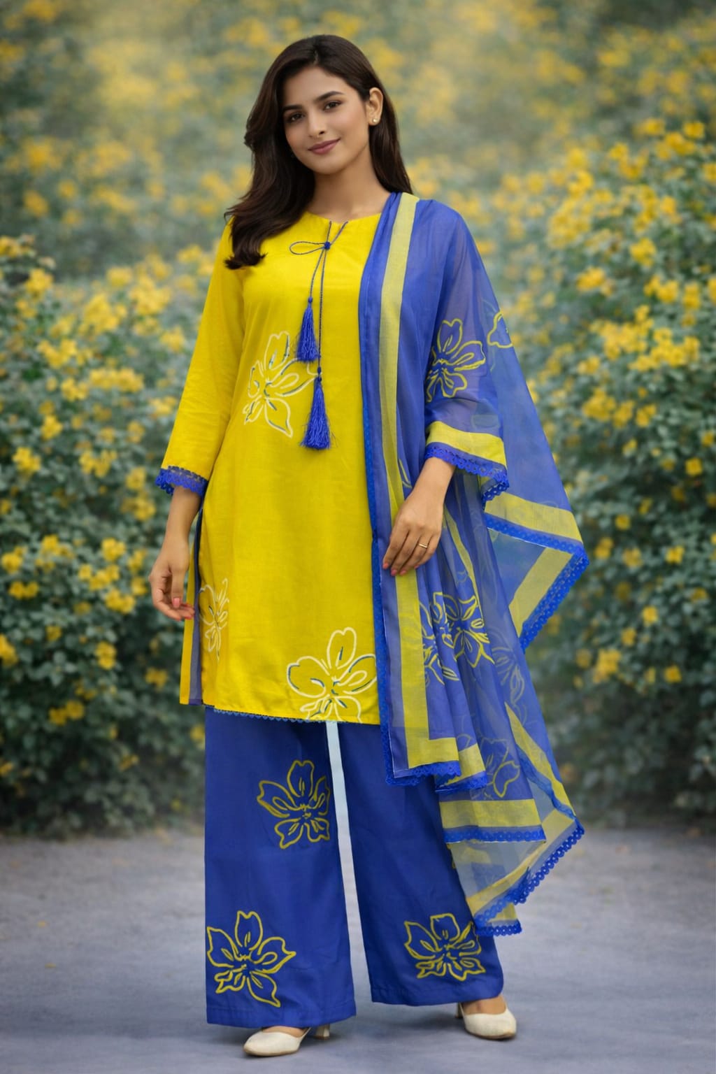 Zehra Bloom Contrast Lawn 3PC Set – Sunshine Yellow & Royal Blue