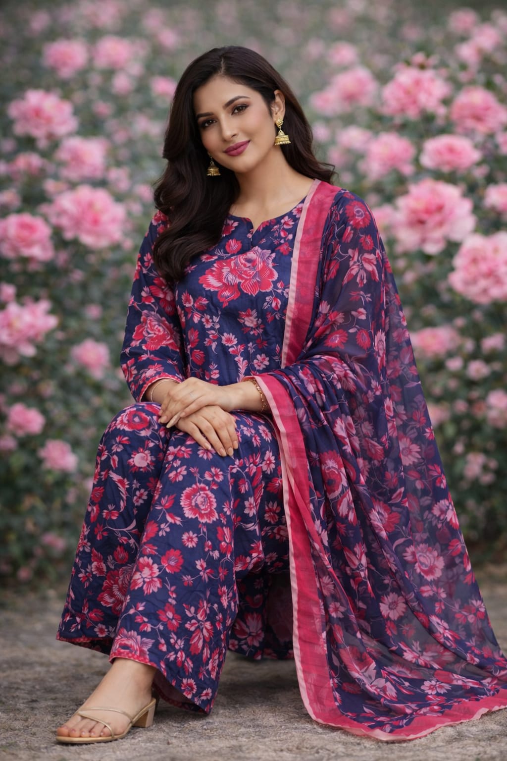 Nooré Floral Elegance 3PC Lawn Suit – Midnight Navy & Rose Pink