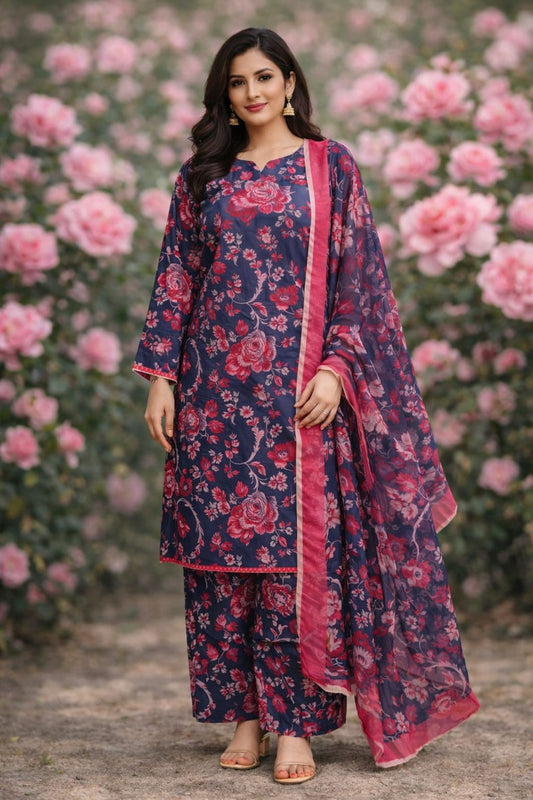 Nooré Floral Elegance 3PC Lawn Suit – Midnight Navy & Rose Pink