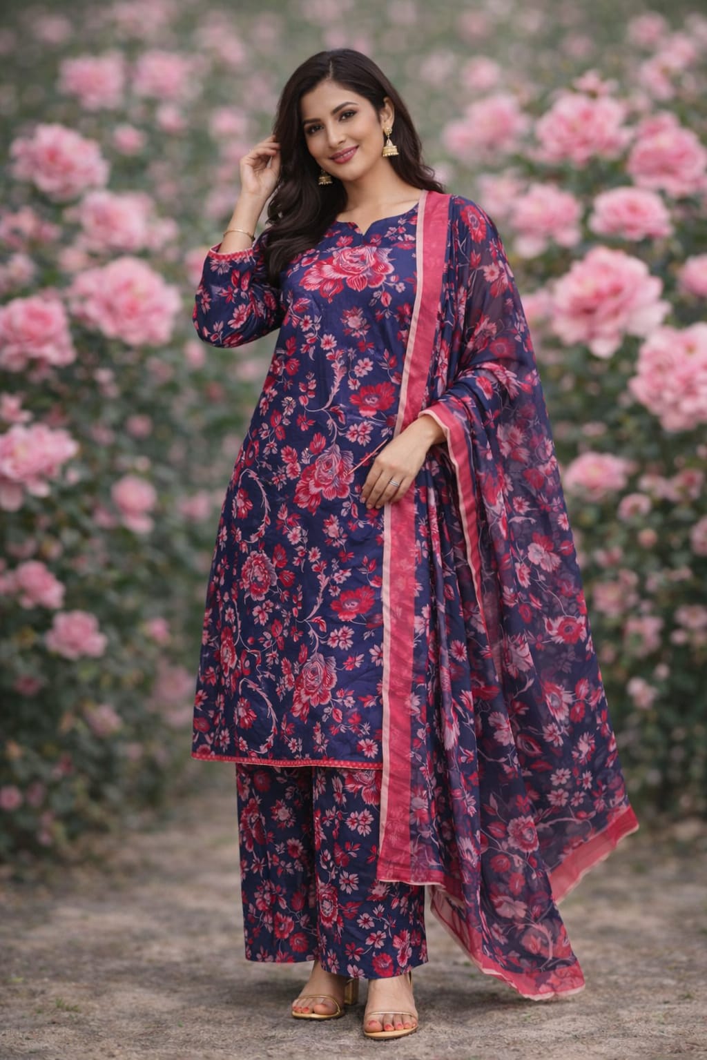Nooré Floral Elegance 3PC Lawn Suit – Midnight Navy & Rose Pink