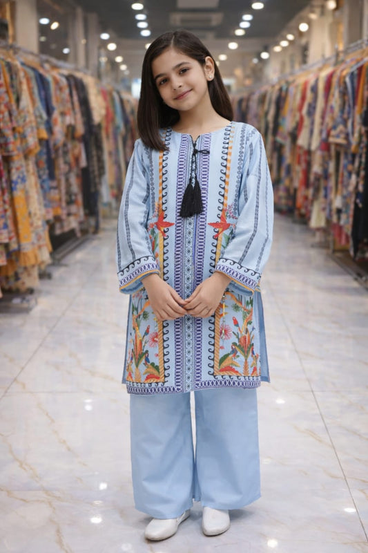 Sky Garden Girls Kurta Palazzo Set — Sky Blue Tropical Parrot Print with Tassel Tie