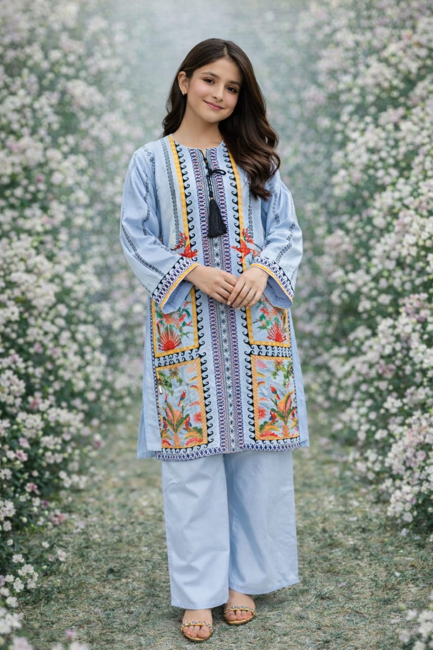 Sky Garden Girls Kurta Palazzo Set — Sky Blue Tropical Parrot Print with Tassel Tie