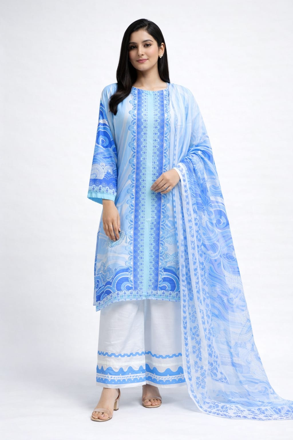 Sky Aura Blue Digital Printed 3 Piece Lawn Suit – Elegant Summer Wear for Women
