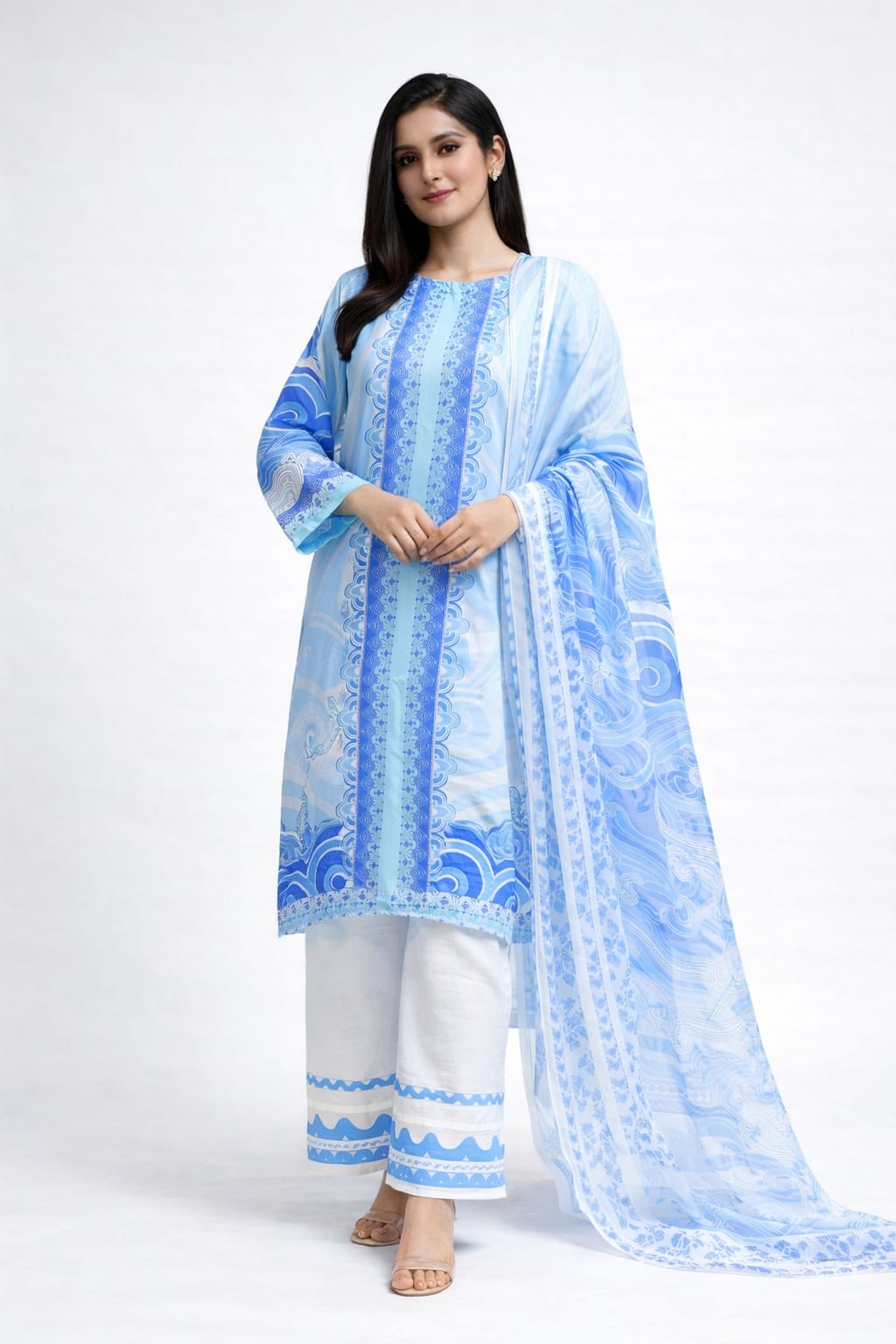 Sky Aura Blue Digital Printed 3 Piece Lawn Suit – Elegant Summer Wear for Women