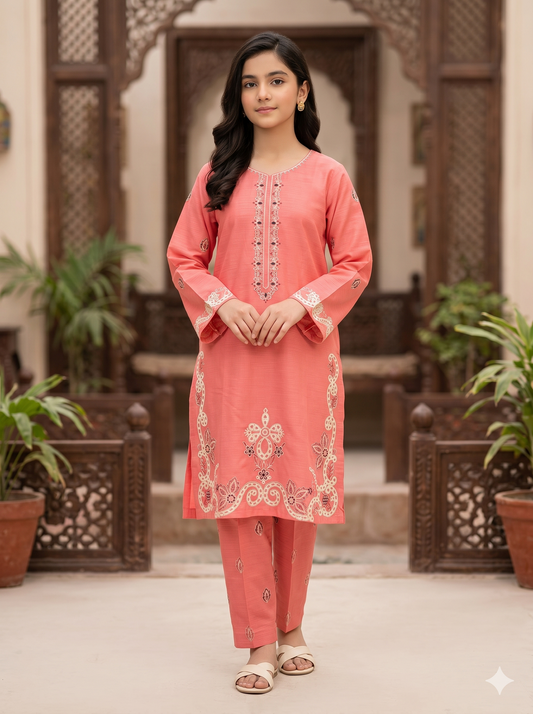 Girls Coral Embroidered 2-Piece Suit | Festive & Wedding Collection