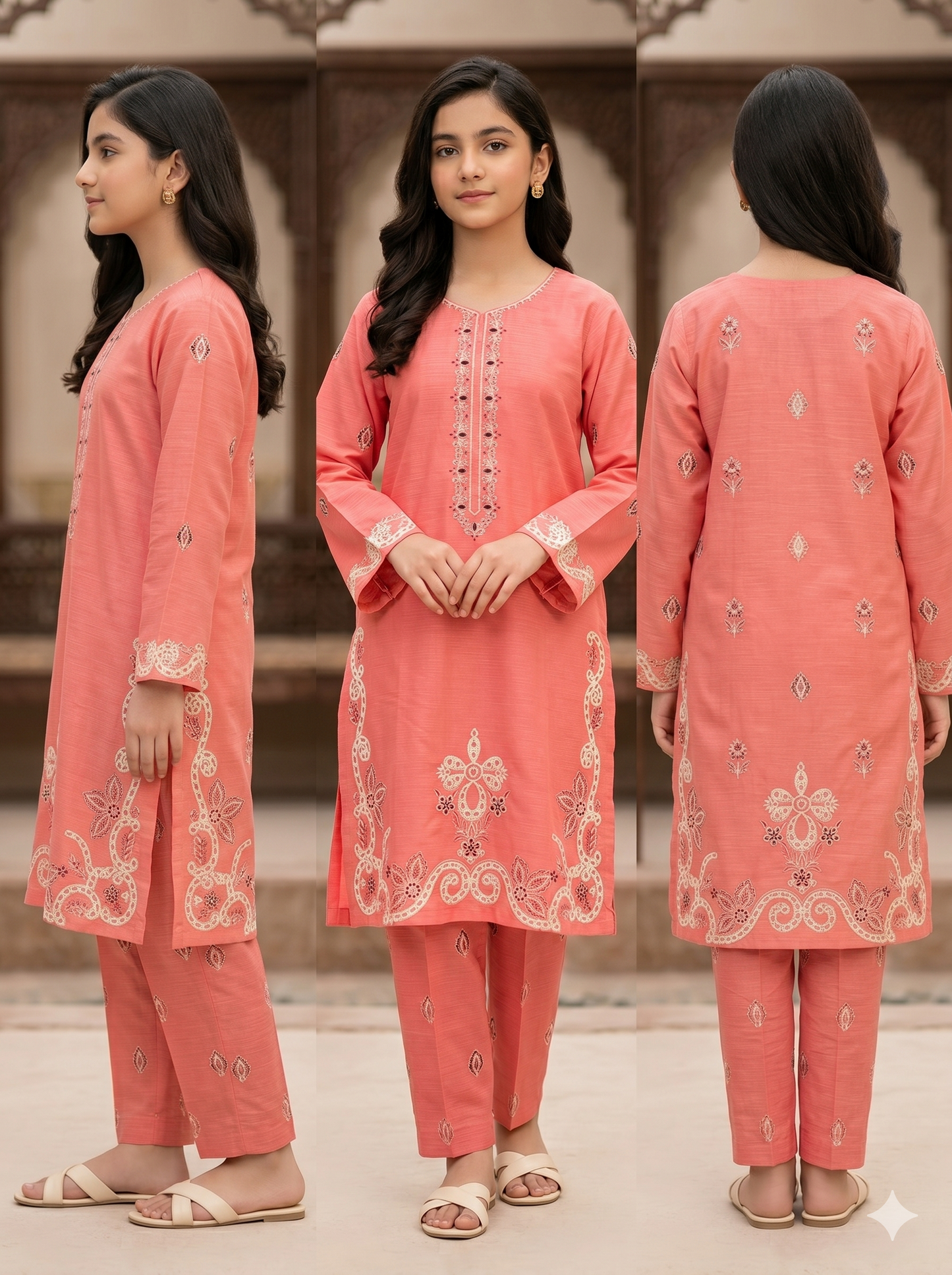 Girls Coral Embroidered 2-Piece Suit | Festive & Wedding Collection