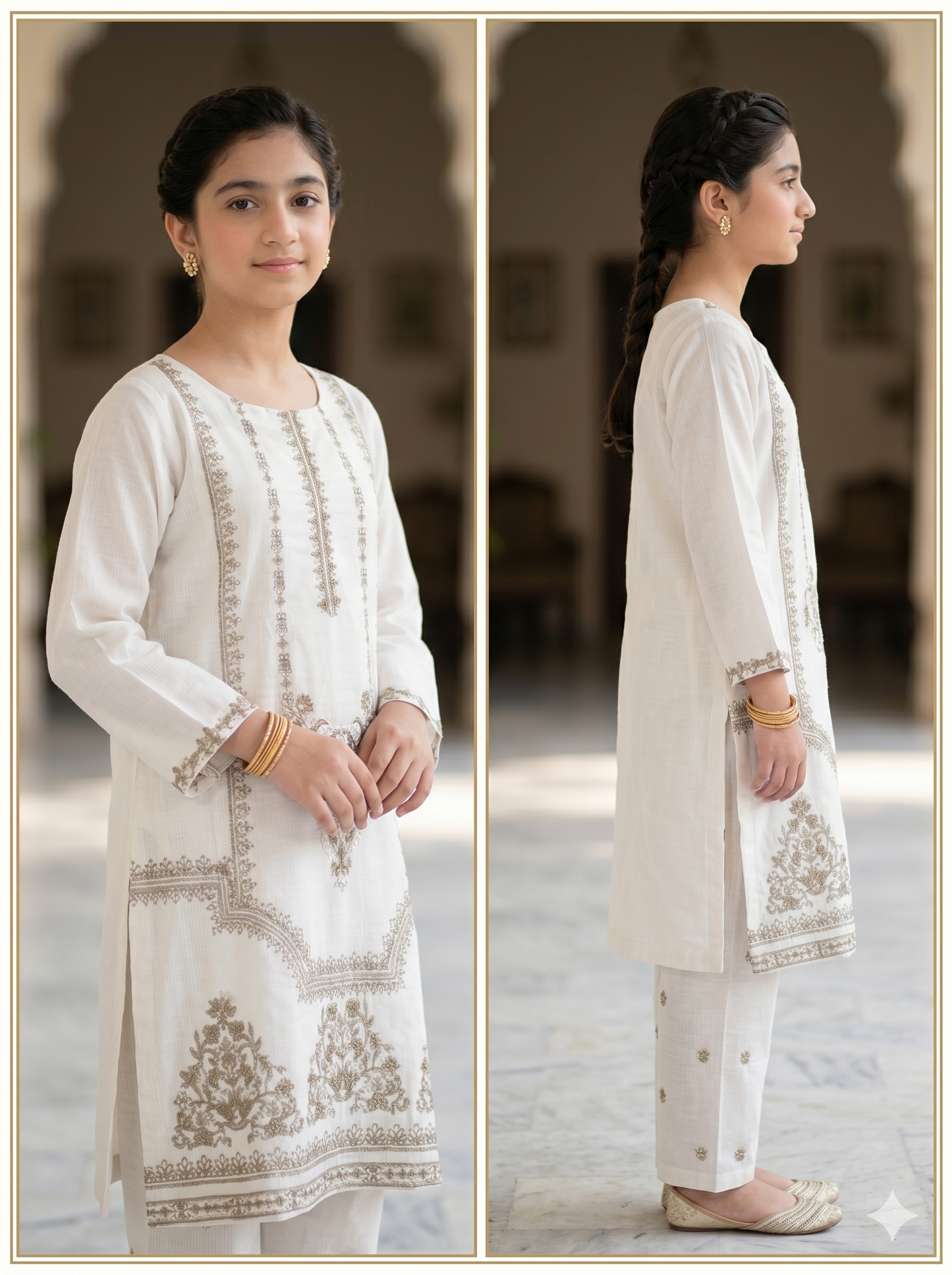 Girls White & Gold Embroidered 2-Piece Suit | Eid & Wedding Collection 2026