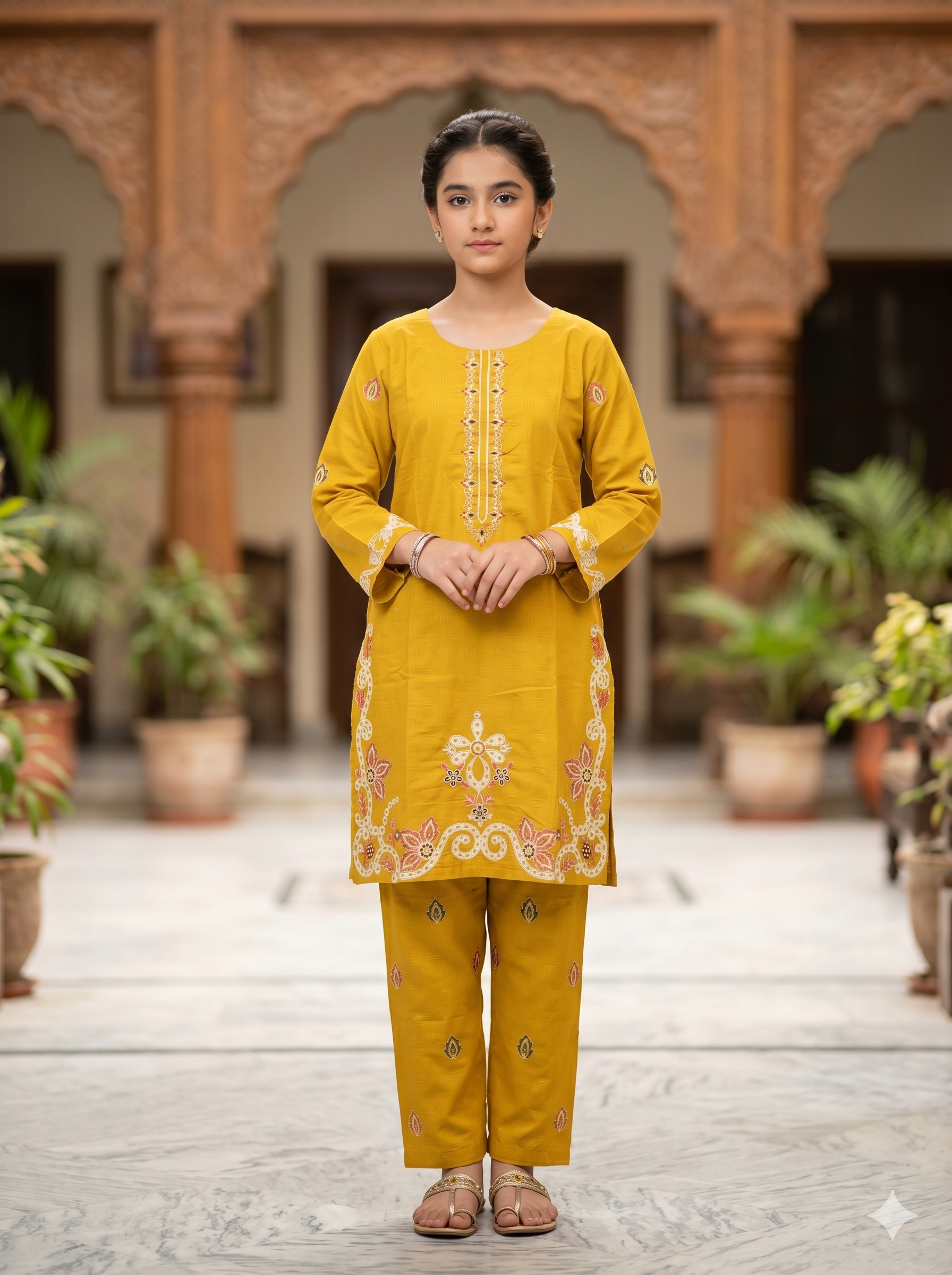 Woman in a yellow traditional outfit standing in a decorative outdoor setting with arches and plants.