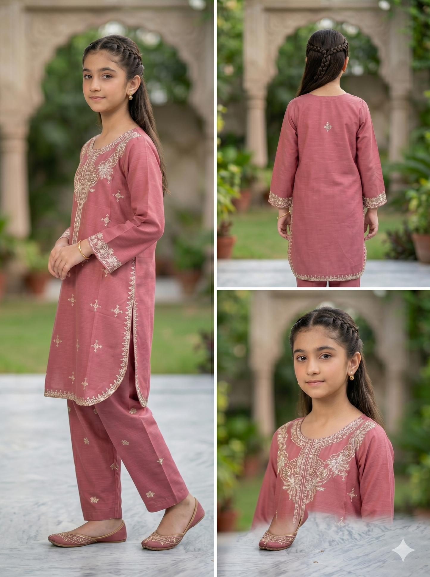 Girls Dusty Rose Gold Embroidered 2-Piece Suit | All-Over Motif Eid Collection 2026