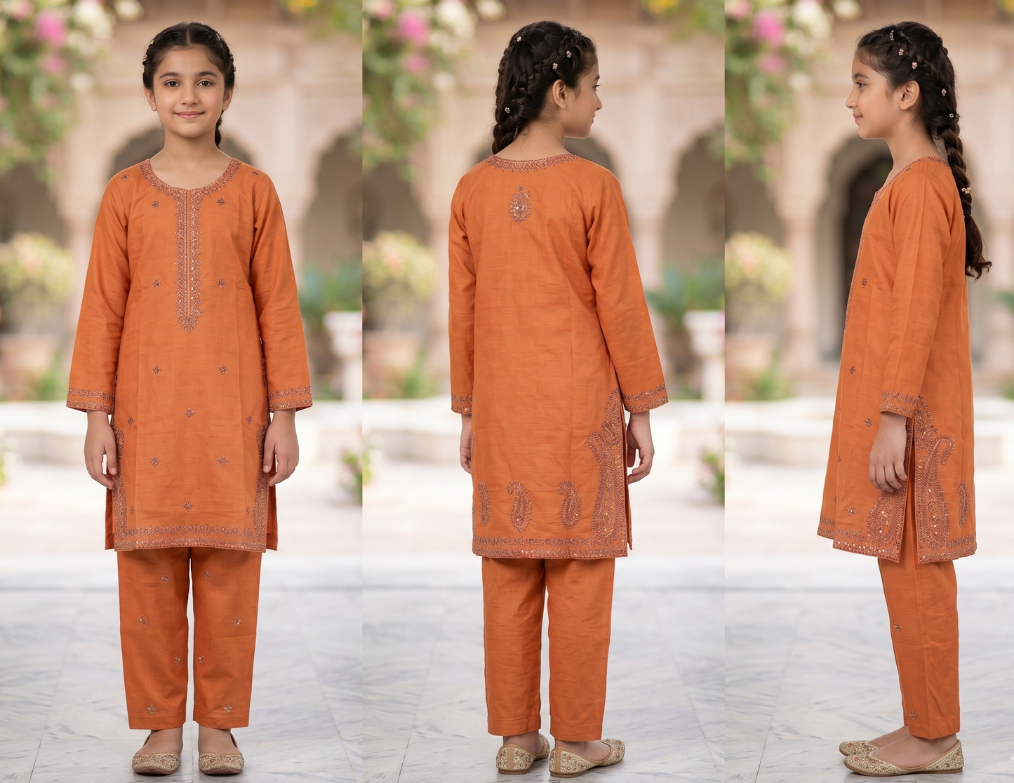 Zarnoor girls rust orange embroidered shalwar kameez set with mirror work, Eid 2026 Pakistani kids festive collection