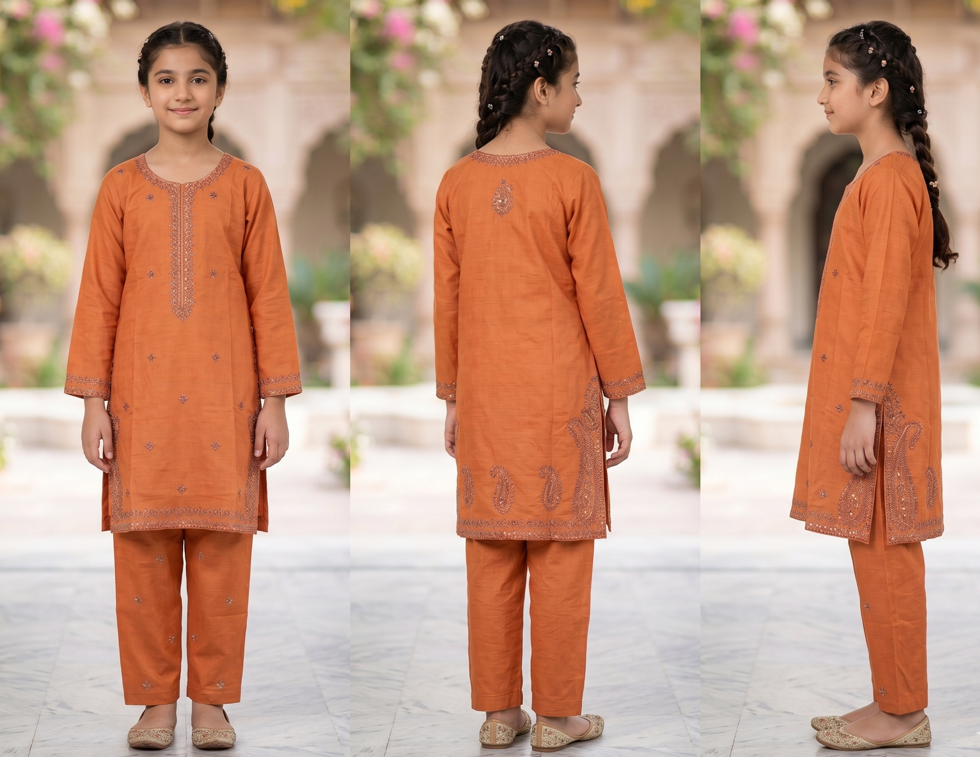 Zarnoor girls rust orange embroidered shalwar kameez set with mirror work, Eid 2026 Pakistani kids festive collection