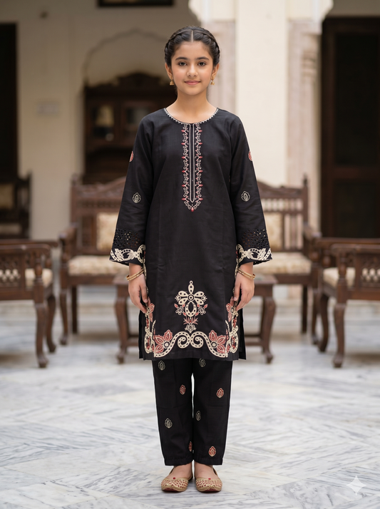 Girls Black Floral Embroidered 2-Piece Suit | Luxury Eid Collection 2026