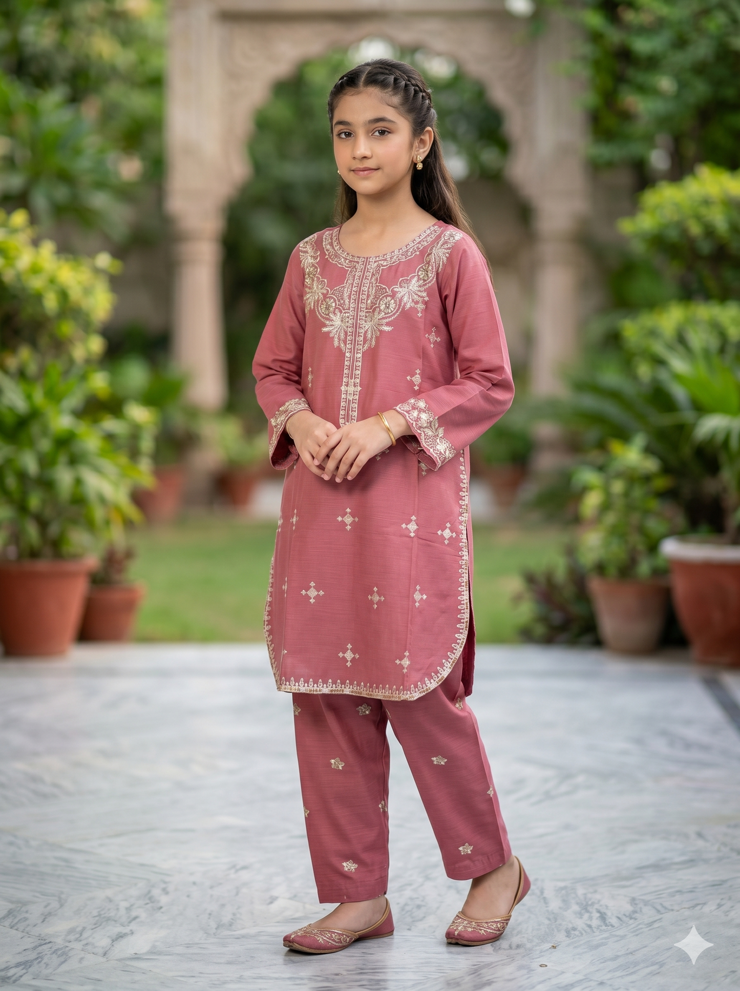 Girls Dusty Rose Gold Embroidered 2-Piece Suit | All-Over Motif Eid Collection 2026