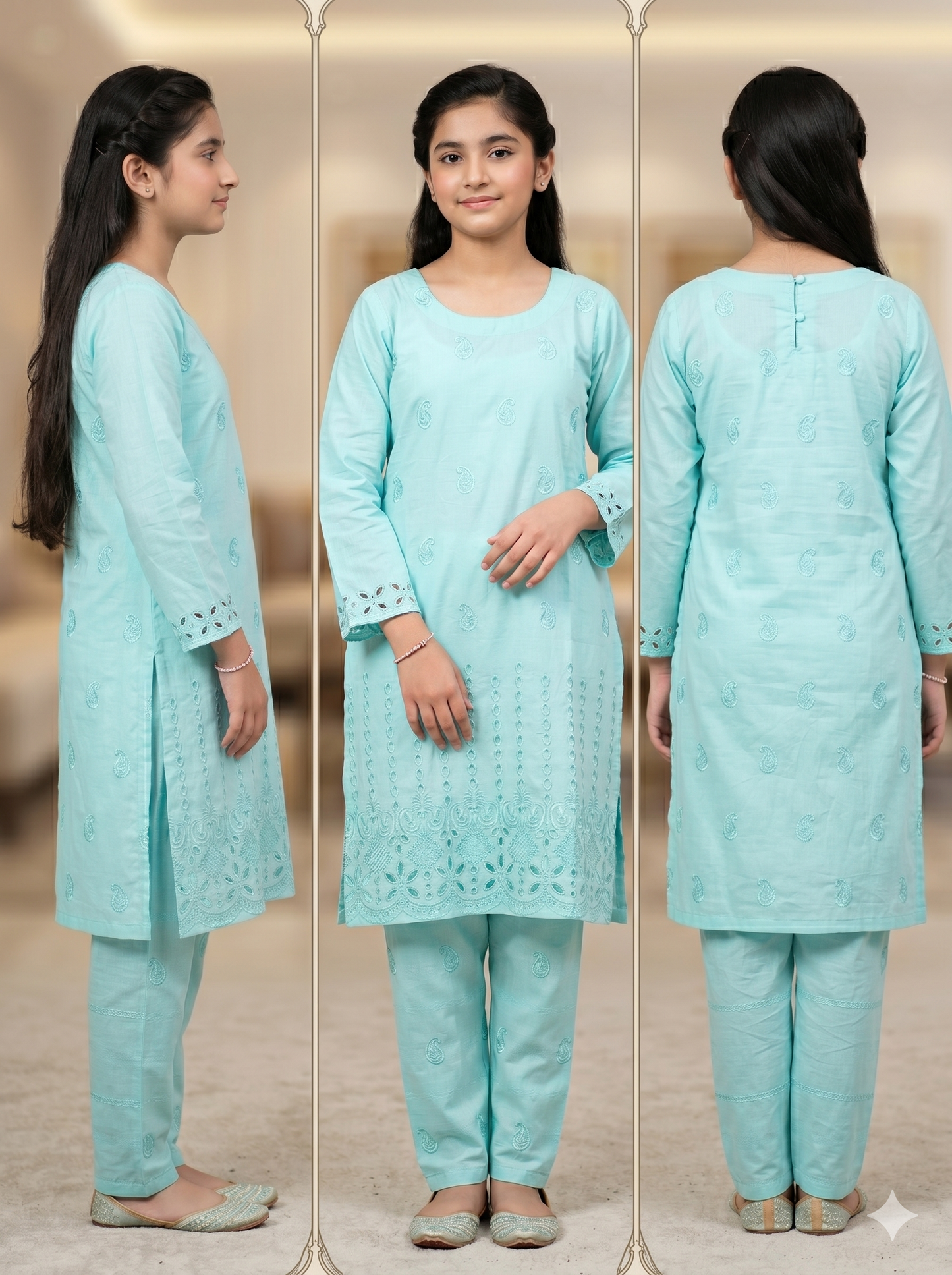 Girls Mint Blue Embroidered Shalwar Kameez | Eid 2026 | Cotton Chikankari Suit for Girls