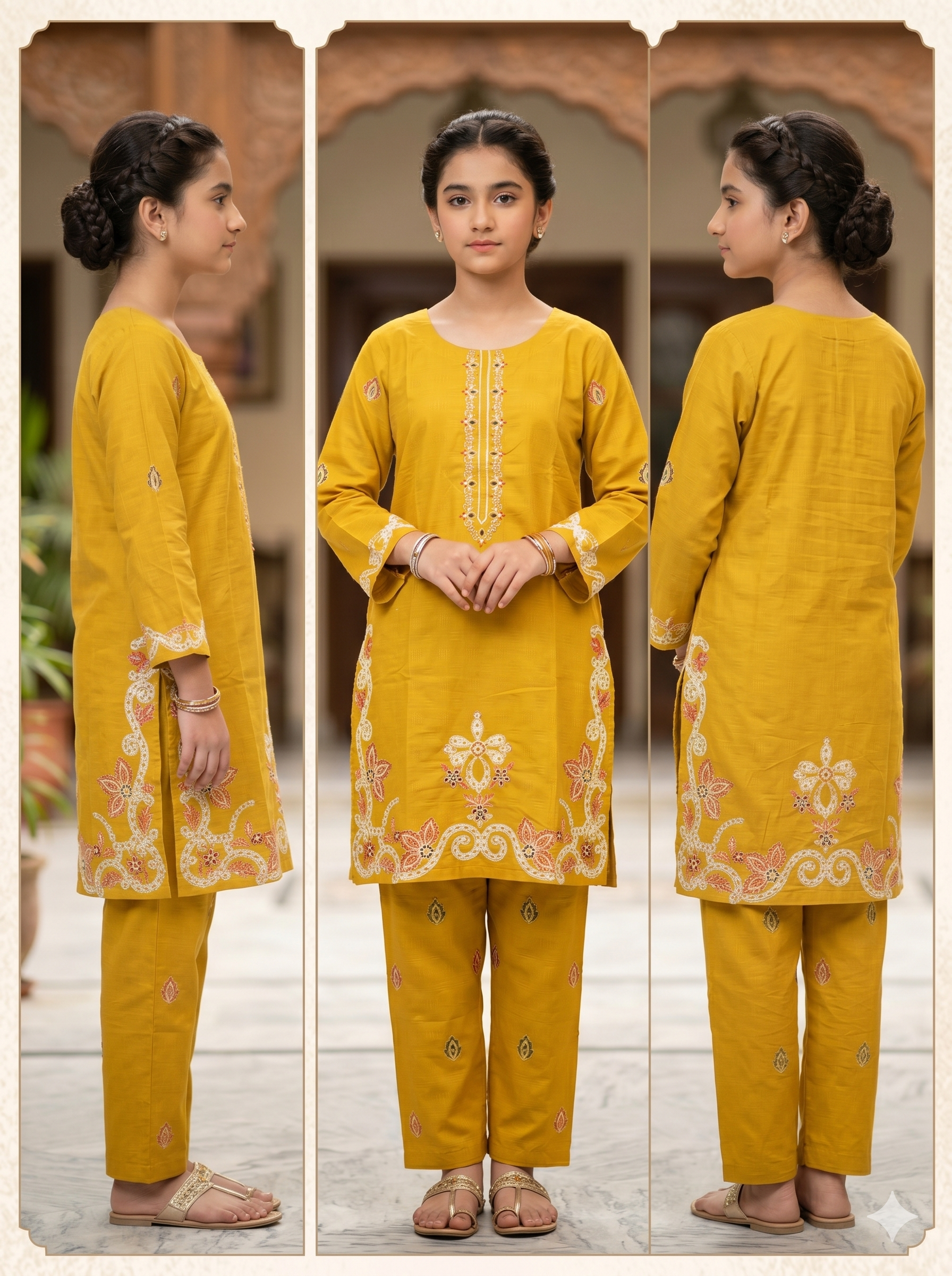 Yellow traditional outfit with floral patterns worn by a model, shown from front, side, and back views.
