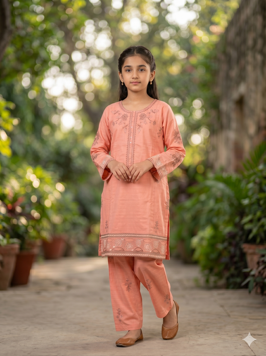 Girls Peach Blossom Sequin Embroidered 2-Piece Suit | Cutwork Hem Eid Collection 2026
