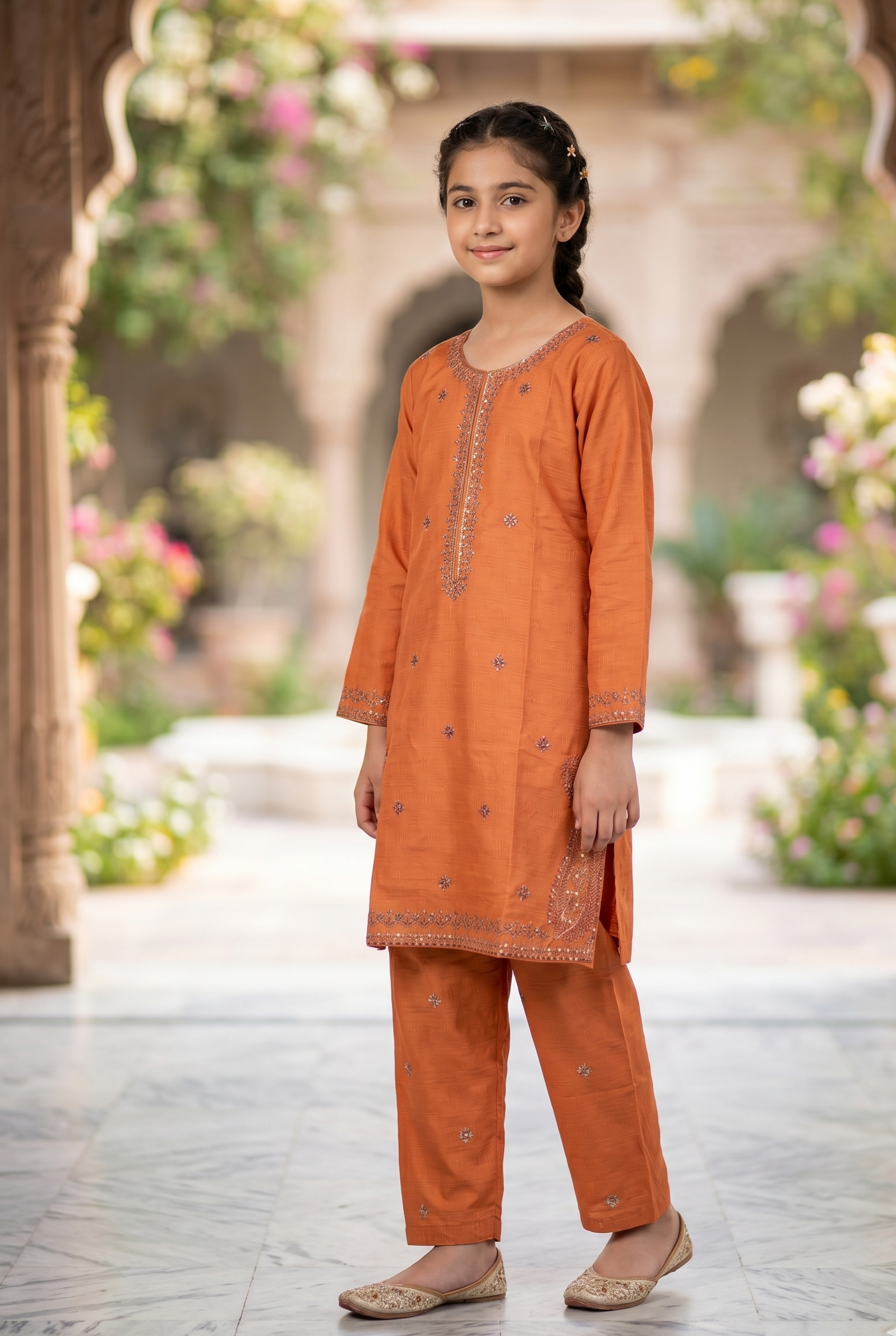 Zarnoor girls rust orange embroidered shalwar kameez set with mirror work, Eid 2026 Pakistani kids festive collection