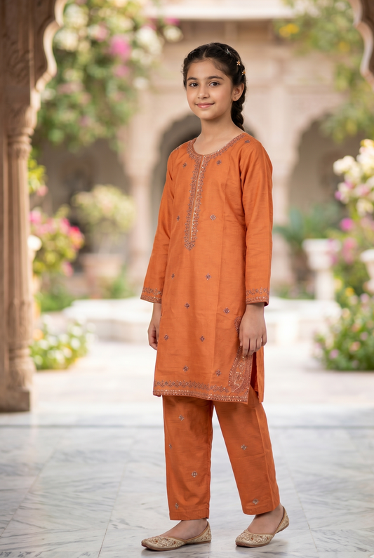 Zarnoor girls rust orange embroidered shalwar kameez set with mirror work, Eid 2026 Pakistani kids festive collection