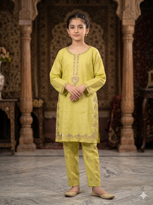 Girls Lime Green Sequin Embroidered 2-Piece Suit | Eid & Festive Collection 2026