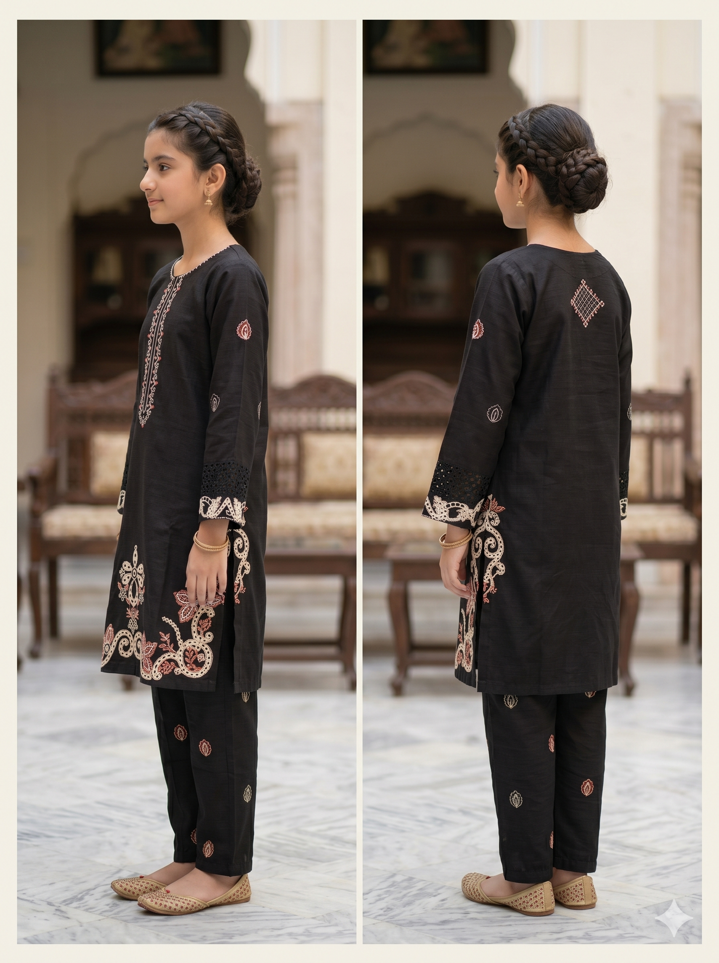 Girls Black Floral Embroidered 2-Piece Suit | Luxury Eid Collection 2026