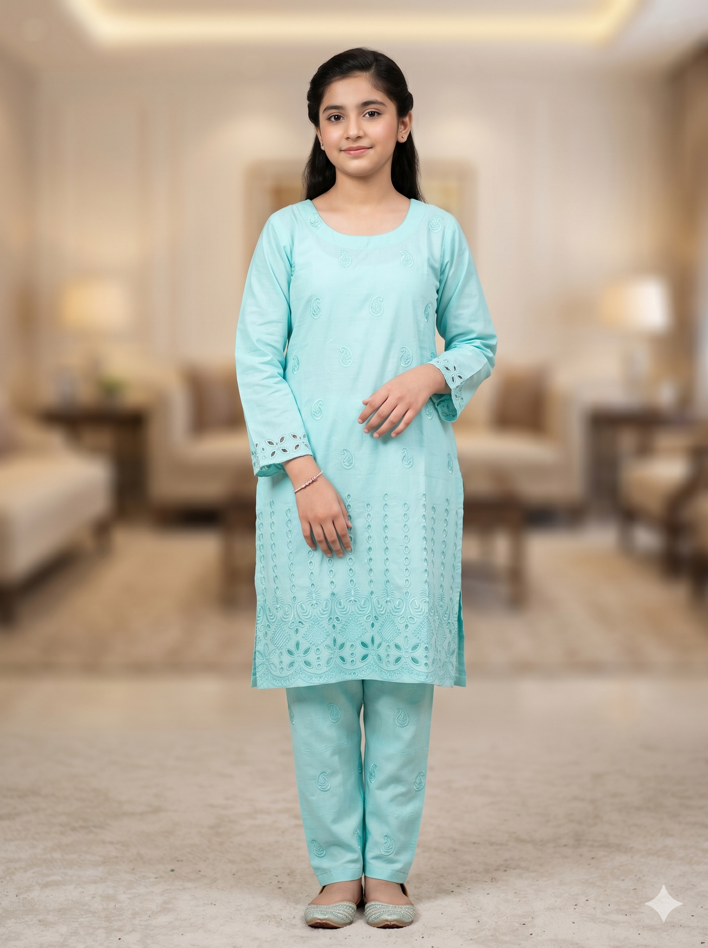 Girls Mint Blue Embroidered Shalwar Kameez | Eid 2026 | Cotton Chikankari Suit for Girls