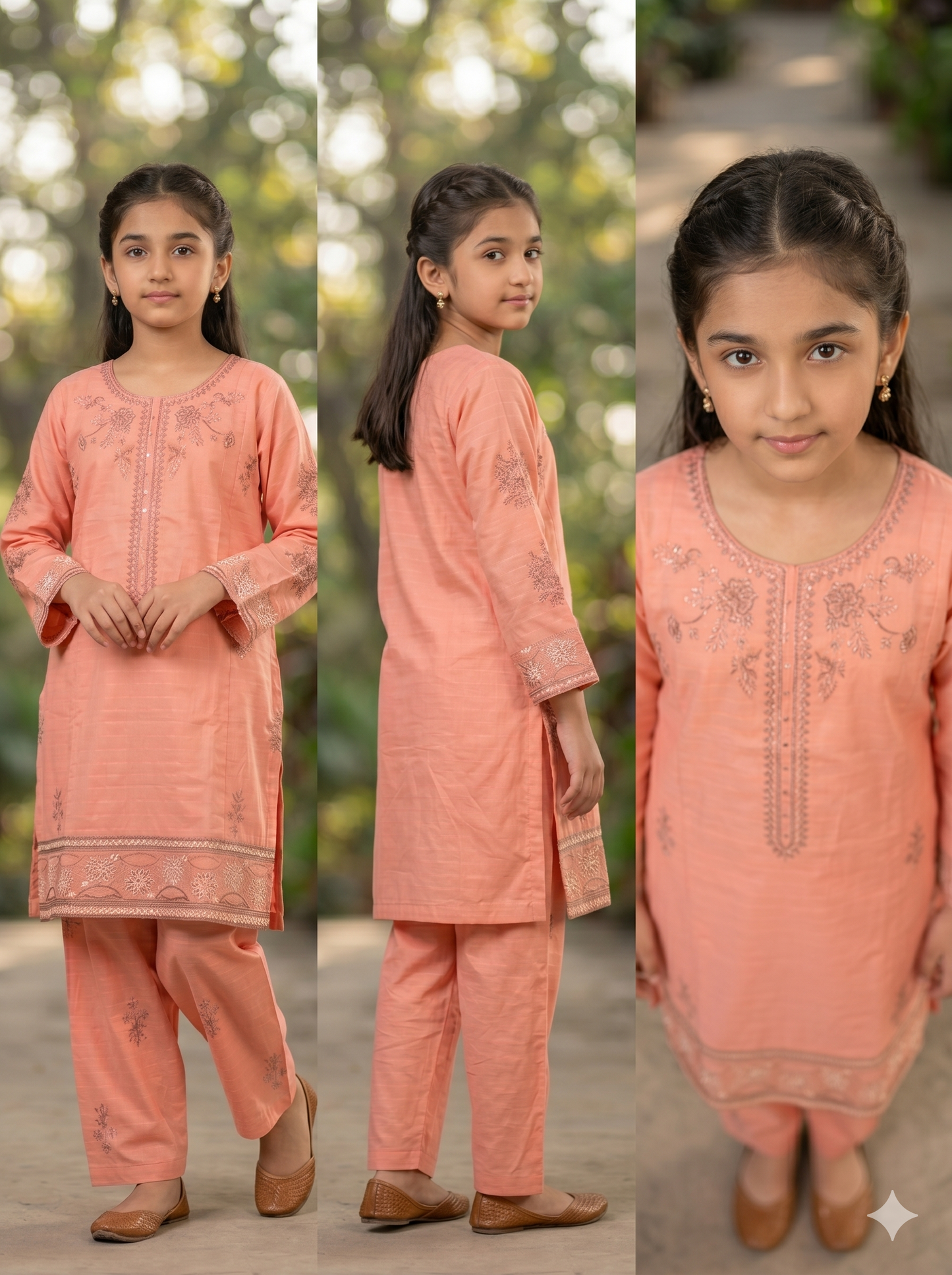 Girls Peach Blossom Sequin Embroidered 2-Piece Suit | Cutwork Hem Eid Collection 2026