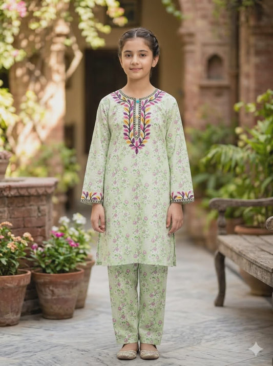 Young girl in a light green traditional outfit with colorful embroidery standing in a garden.