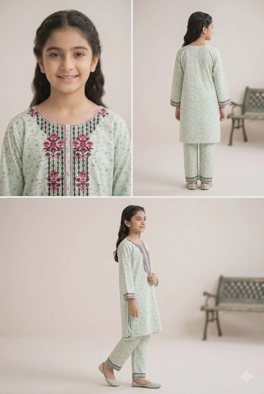 Girls mint green vine print embroidered kurta set with wide-leg trousers — Nasreen Pakistani shalwar kameez for kids